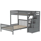 Lit mezzanine double sur lit double en bois avec escalier, balustrades hautes et échelle