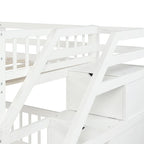 Lit mezzanine double sur lit double en bois avec escalier, balustrades hautes et échelle