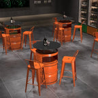 Tables de bar de rangement en fûts métalliques industriels noirs et orange