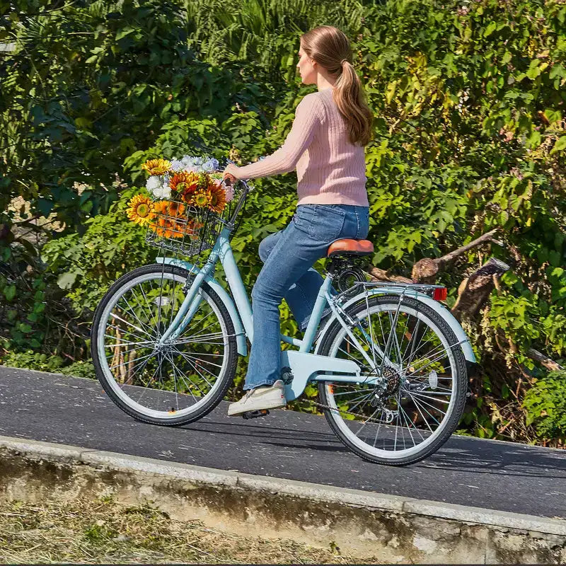 Vélo de croisière VEVOR, 7 vitesses, 26 pouces, bleu clair, avec grand panier et porte-bagages arrière, vélo de croisière sûr et robuste, bleu clair