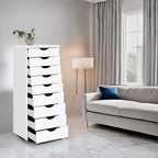 Étroite commode en bois à 9 tiroirs coulissants et étagère de rangement supérieure