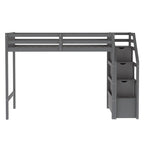 Lit mezzanine double sur lit double en bois avec escalier, balustrades hautes et échelle