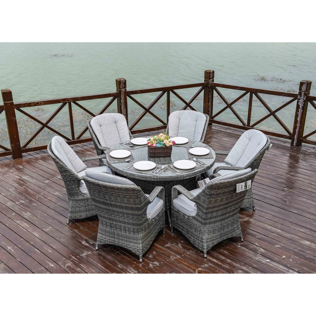 Ensemble de salle à manger rond 7 pièces en rotin tressé d'extérieur avec coussins par Moda Furnishings