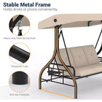 Balançoire de jardin convertible 2-en-1 à 3 places avec auvent réglable, lit de balançoire de patio avec support, coussins épais et porte-gobelets, pour jardin, cour ou porche