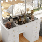 Coiffeuse avec miroir triptyque éclairage certifié et plateau en verre