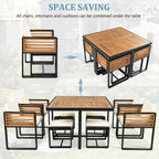 Ensemble de salle à manger d'extérieur 18 pièces en bois d'acacia, 8 chaises rembourrées, 8 poufs et 2 tables carrées