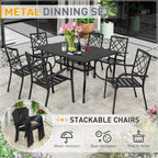 SUNCROWN Salon de jardin 5/7 pièces en acier avec table à lattes métalliques et chaises empilables Structure thermolaquée
