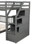 Lit mezzanine double sur lit double en bois avec escalier, balustrades hautes et échelle