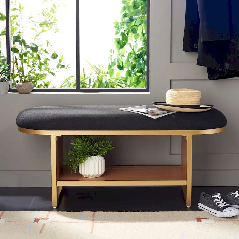 Banc d'entrée à étagère ouverte avec coussin – Siège de rangement rembourré pour chambre ou couloir