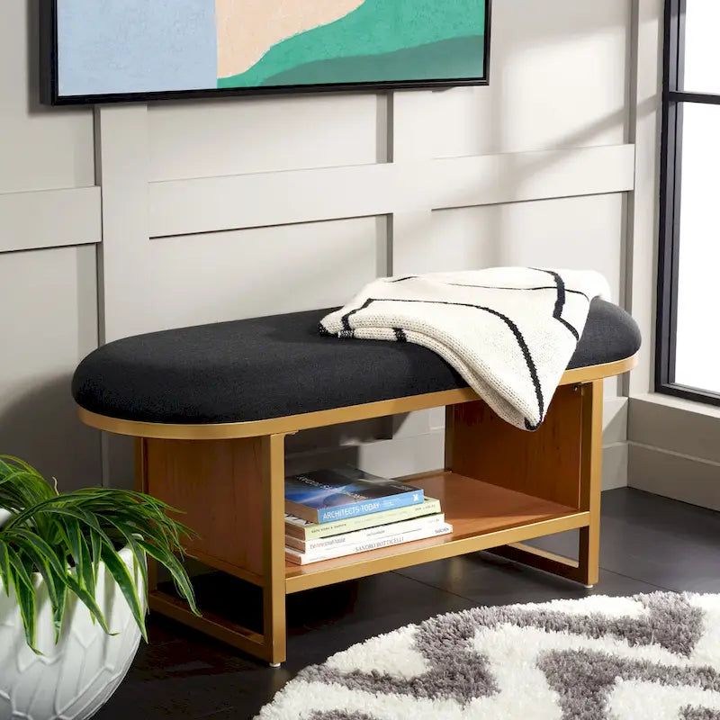 Banc d'entrée à étagère ouverte avec coussin – Siège de rangement rembourré pour chambre ou couloir