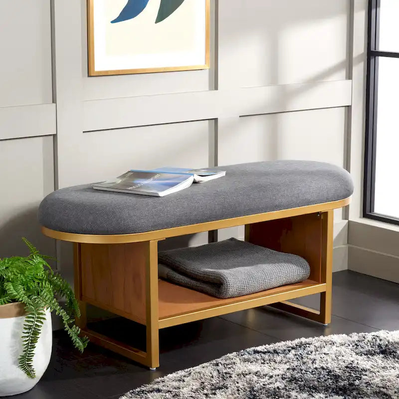 Banc d'entrée à étagère ouverte avec coussin – Siège de rangement rembourré pour chambre ou couloir
