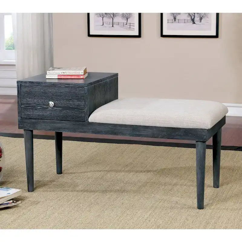 Banc d'appoint contemporain gris en bois massif avec 1 tiroir – Siège de rangement moderne pour entrée