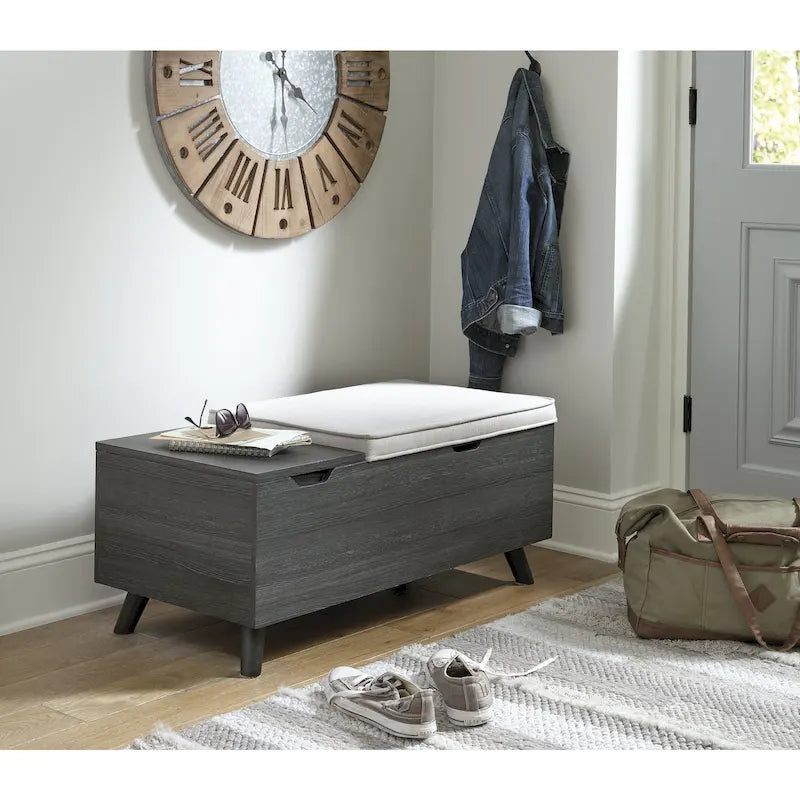 Banc de rangement capitonné gris – Coffre de rangement avec couvercle relevable pour chambre ou entrée