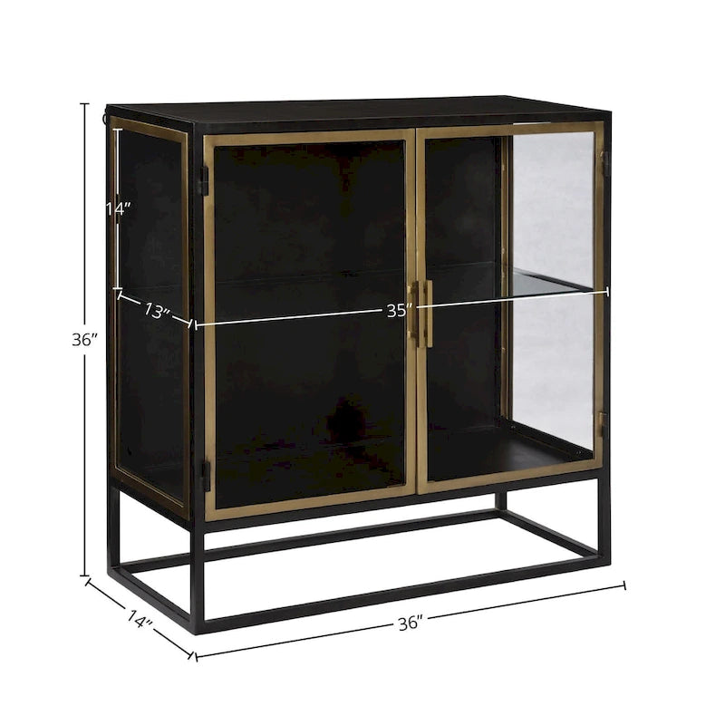 Buffet 2 portes en fer et verre 91 cm canon de fusil et laiton – Buffet industriel glamour pour salle à manger