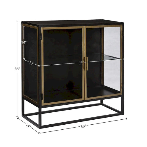Buffet 2 portes en fer et verre 91 cm canon de fusil et laiton – Buffet industriel glamour pour salle à manger