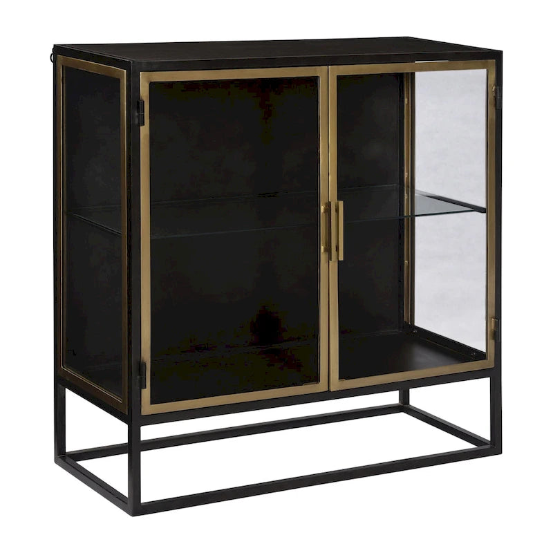 Buffet 2 portes en fer et verre 91 cm canon de fusil et laiton – Buffet industriel glamour pour salle à manger