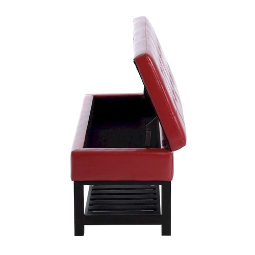 Banc de rangement ottoman capitonné en similicuir rouge de 44 po avec étagère à chaussures – Organisateur d'entrée