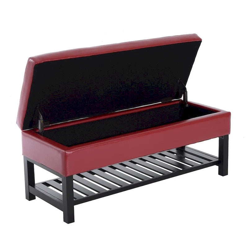 Banc de rangement ottoman capitonné en similicuir rouge de 44 po avec étagère à chaussures – Organisateur d'entrée