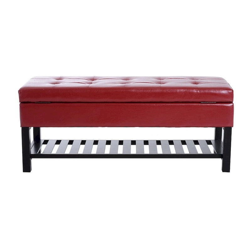 Banc de rangement ottoman capitonné en similicuir rouge de 44 po avec étagère à chaussures – Organisateur d'entrée