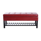 Banc de rangement ottoman capitonné en similicuir rouge de 44 po avec étagère à chaussures – Organisateur d'entrée
