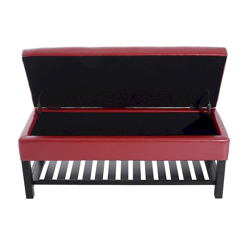 Banc de rangement ottoman capitonné en similicuir rouge de 44 po avec étagère à chaussures – Organisateur d'entrée
