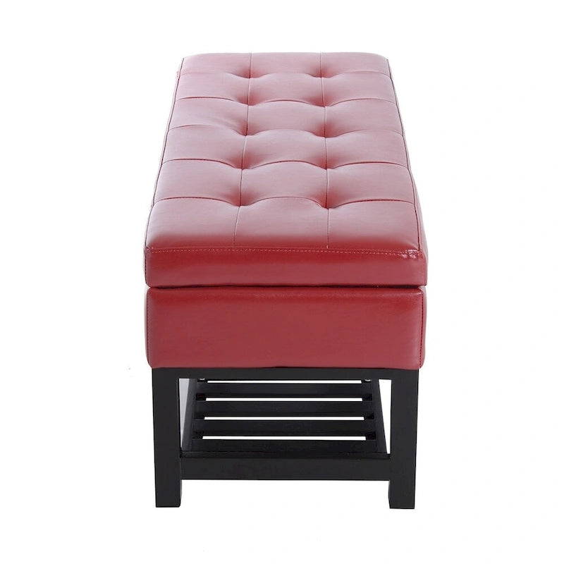 Banc de rangement ottoman capitonné en similicuir rouge de 44 po avec étagère à chaussures – Organisateur d'entrée