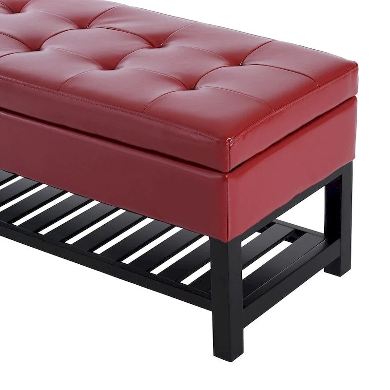 Banc de rangement ottoman capitonné en similicuir rouge de 44 po avec étagère à chaussures – Organisateur d'entrée