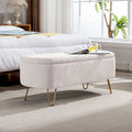 Banc de rangement ottoman pour bout de lit avec pieds dorés, banc d'entrée moderne en fausse fourrure ivoire rembourré avec rangement