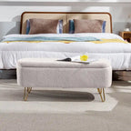 Banc de rangement ottoman pour bout de lit avec pieds dorés, banc d'entrée moderne en fausse fourrure ivoire rembourré avec rangement