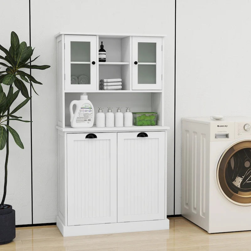 Meuble de salle de bain haut blanc avec panier à linge sale inclinable à deux compartiments et 2 étagères réglables