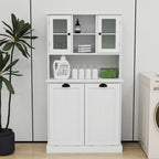 Meuble de salle de bain haut blanc avec panier à linge sale inclinable à deux compartiments et 2 étagères réglables