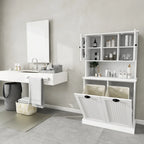 Meuble de salle de bain haut blanc avec panier à linge sale inclinable à deux compartiments et 2 étagères réglables