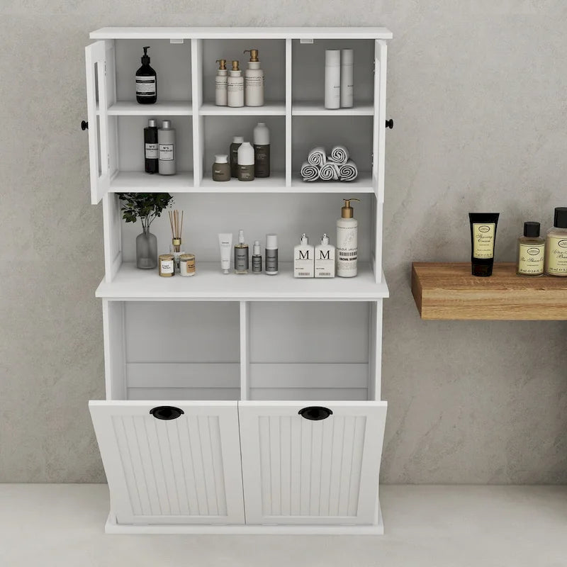 Meuble de salle de bain haut blanc avec panier à linge sale inclinable à deux compartiments et 2 étagères réglables