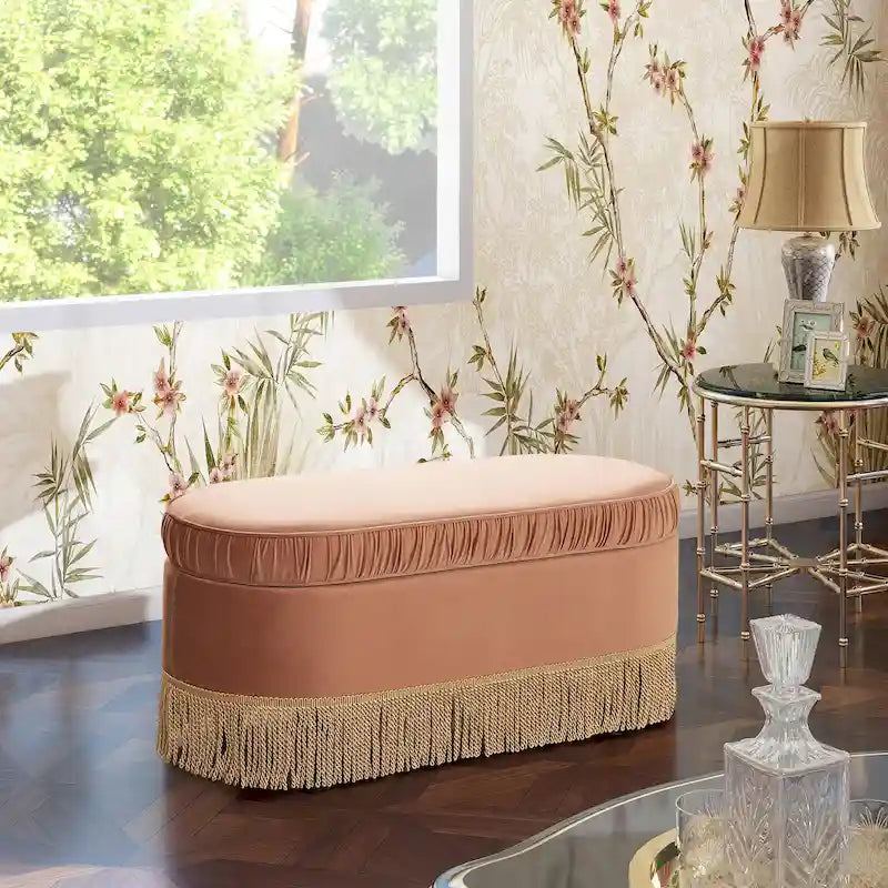 Banc ottoman de rangement ovale 38" capitonné – Repose-pieds en tissu rembourré avec rangement dissimulé