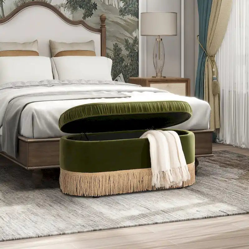 Banc ottoman de rangement ovale 38" capitonné – Repose-pieds en tissu rembourré avec rangement dissimulé