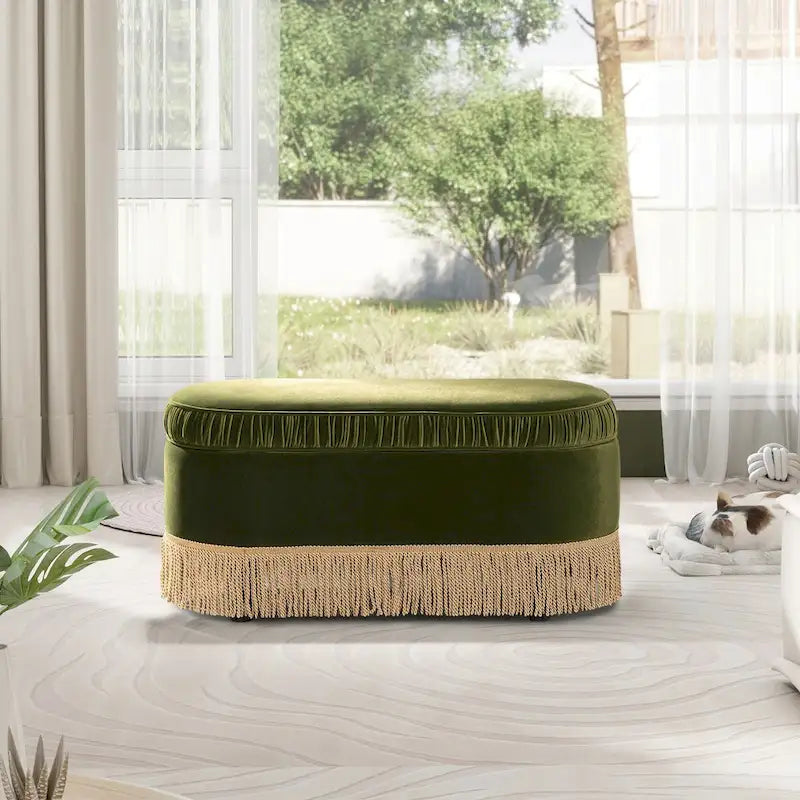Banc ottoman de rangement ovale 38" capitonné – Repose-pieds en tissu rembourré avec rangement dissimulé
