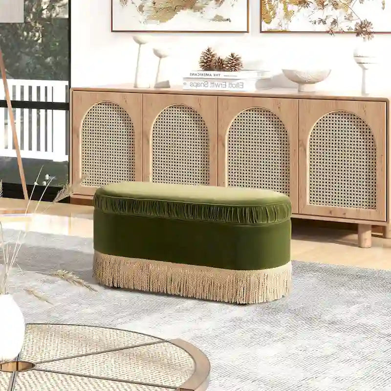 Banc ottoman de rangement ovale 38" capitonné – Repose-pieds en tissu rembourré avec rangement dissimulé