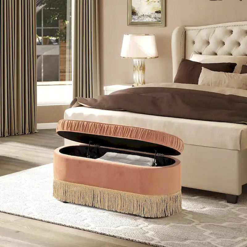 Banc ottoman de rangement ovale 38" capitonné – Repose-pieds en tissu rembourré avec rangement dissimulé