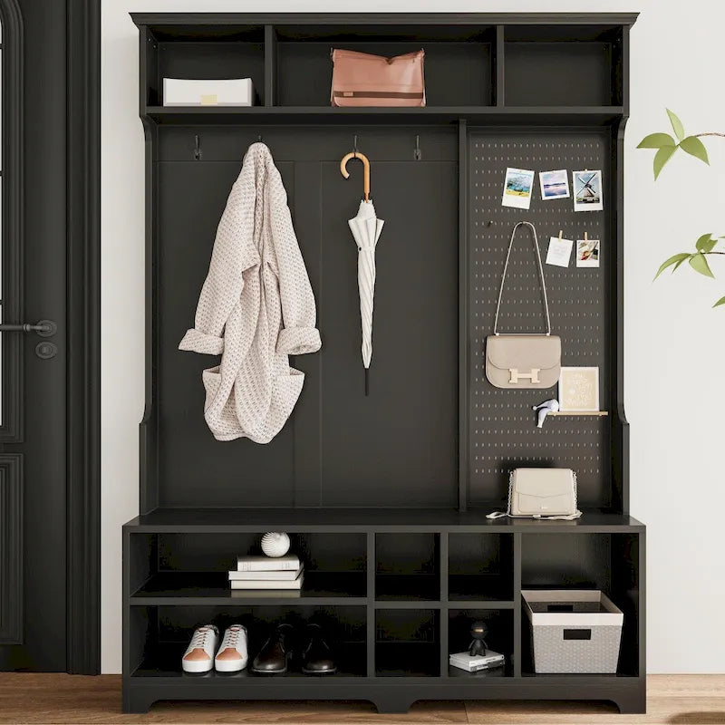 Meuble d'entrée avec banc à chaussures, porte-manteau, rangement à chaussures, étagères de rangement et panneau perforé, pour couloirs, halls et chambres, noir
