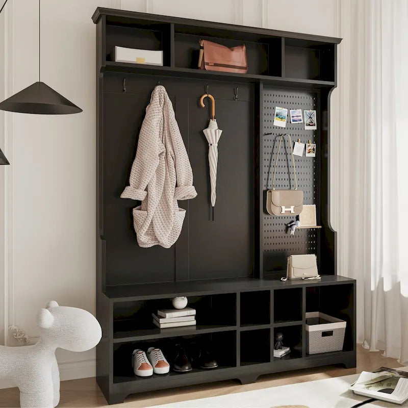 Meuble d'entrée avec banc à chaussures, porte-manteau, rangement à chaussures, étagères de rangement et panneau perforé, pour couloirs, halls et chambres, noir