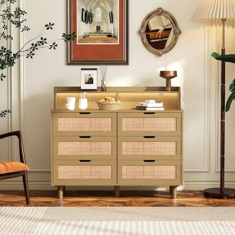 43.316-Commode de rangement en rotin à tiroirs Commode en rotin avec lumières LED et prise de courant, pour chambre, salon