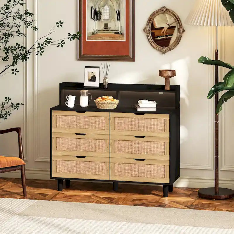 43.316-Commode de rangement en rotin à tiroirs Commode en rotin avec lumières LED et prise de courant, pour chambre, salon