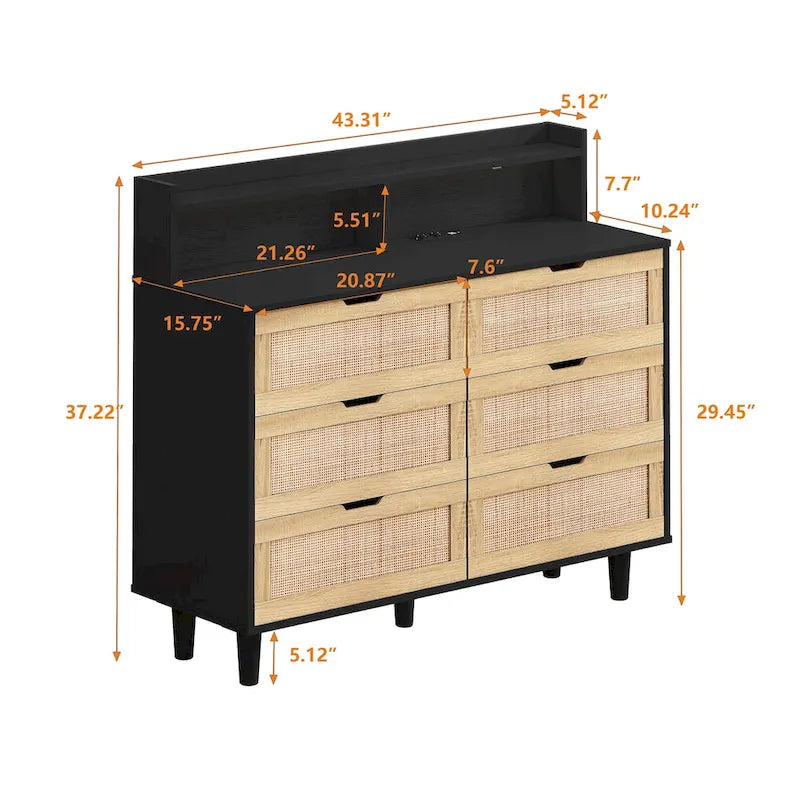 43.316-Commode de rangement en rotin à tiroirs Commode en rotin avec lumières LED et prise de courant, pour chambre, salon