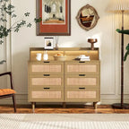 43.316-Commode de rangement en rotin à tiroirs Commode en rotin avec lumières LED et prise de courant, pour chambre, salon