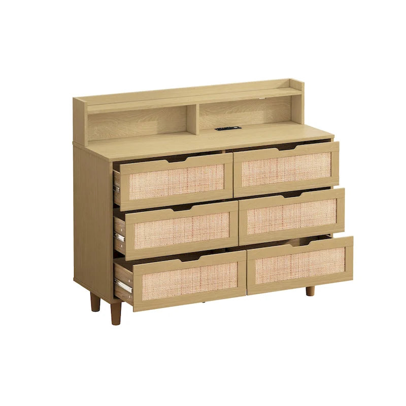 43.316-Commode de rangement en rotin à tiroirs Commode en rotin avec lumières LED et prise de courant, pour chambre, salon