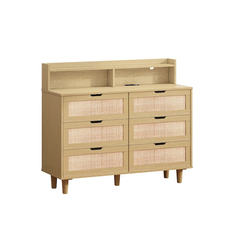 43.316-Commode de rangement en rotin à tiroirs Commode en rotin avec lumières LED et prise de courant, pour chambre, salon