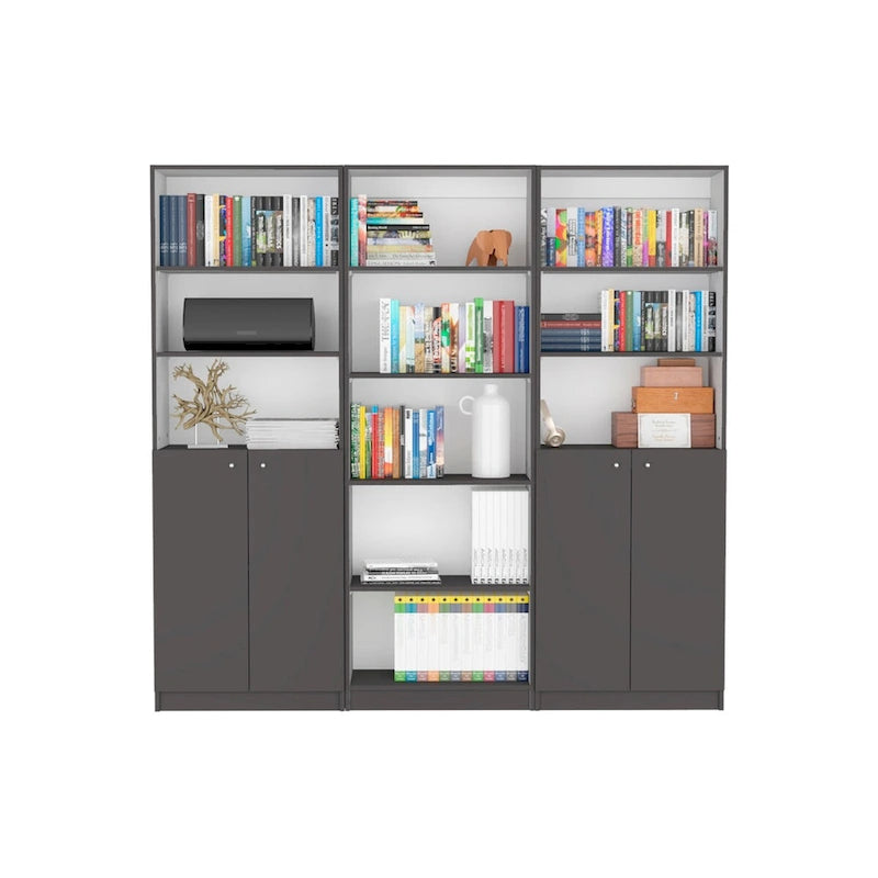 Ensemble de 3 bibliothèques doubles de 188 cm de large à 5 étagères – Grand meuble de rangement pour bureau ou salon