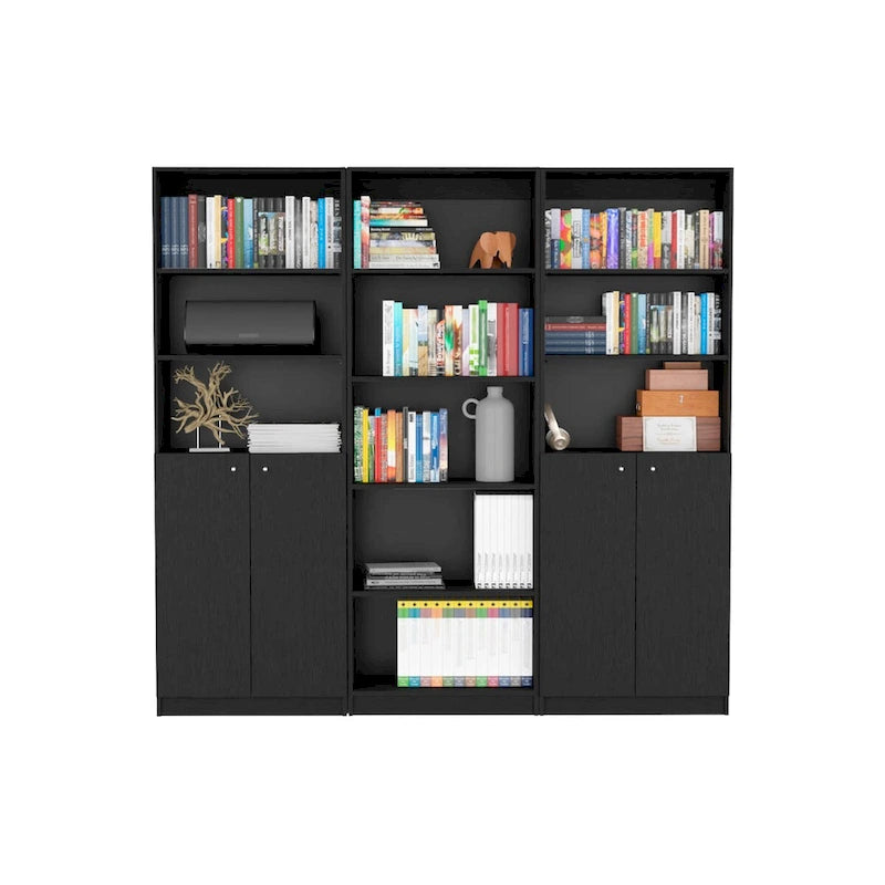 Ensemble de 3 bibliothèques doubles de 188 cm de large à 5 étagères – Grand meuble de rangement pour bureau ou salon