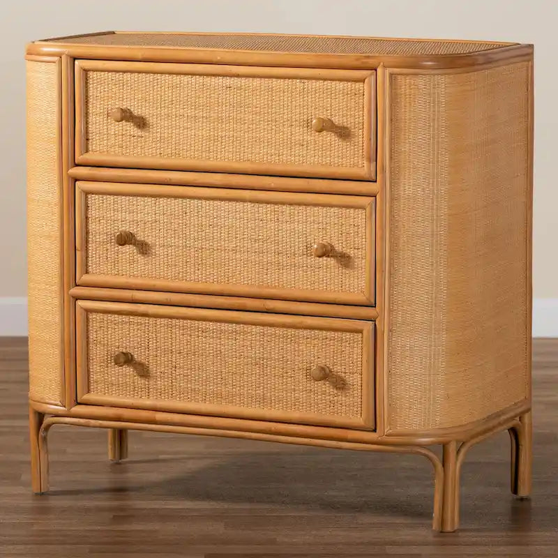 Commode de rangement bohème en rotin clair avec 3 tiroirs – Organiseur de chambre bohème