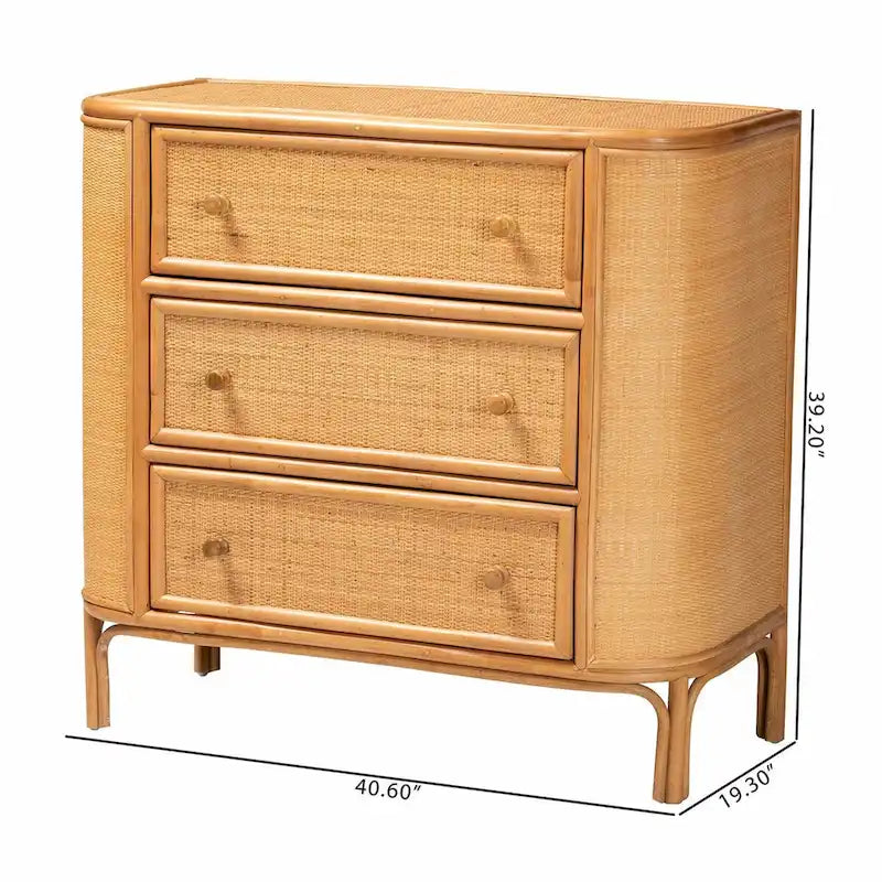 Commode de rangement bohème en rotin clair avec 3 tiroirs – Organiseur de chambre bohème